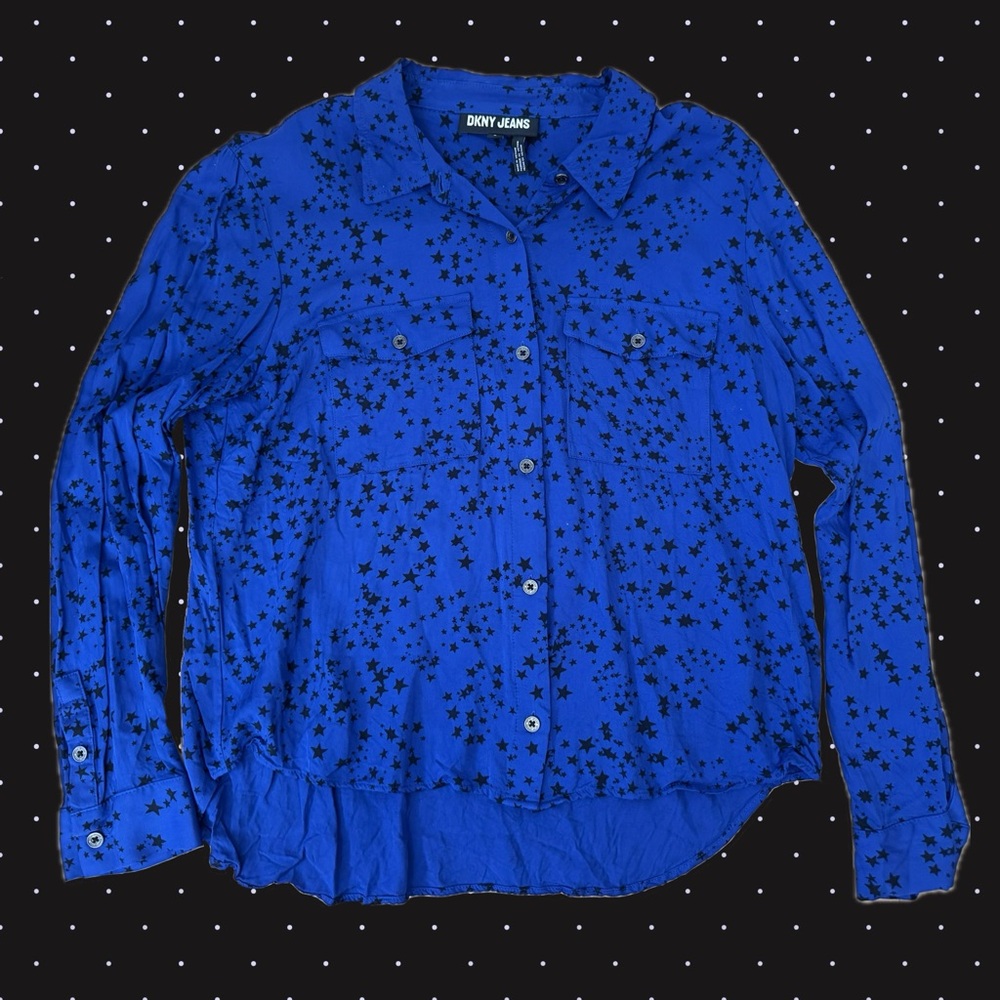 DKNY Women's Blue Star Pattern Button Down‎ Shirt